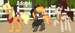 Size: 1280x565 | Tagged: safe, artist:vi45, oc, oc only, earth pony, pegasus, pony, unicorn, apple, apple tree, clothes, fence, hat, horn, male, outdoors, stallion, tree, trio, vest