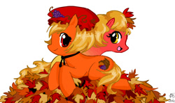 Size: 900x533 | Tagged: safe, artist:royal-guard-lover, earth pony, pony, autumn, colored lineart, cute, duo, female, leaf, leaf pile, leaves, maple leaf, mare, minoriko aki, ponified, shizuha aki, siblings, simple background, sisters, touhou, white background