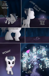 Size: 1989x3072 | Tagged: safe, artist:anonymousandrei, derpibooru exclusive, rumble, tree of harmony, pegasus, pony, comic:rumble and the tree of harmony, g4, cave, colt, comic, dialogue, disembodied voice, foal, male, misspelling, shaking, talking, wet