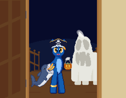 Size: 1380x1080 | Tagged: safe, artist:nitobit, oc, oc:moonlight wane, bat pony, ghost, undead, unicorn, mlp fim's fourteenth anniversary, clothes, costume, digital art, door, halloween, hat, holiday, horn, pirate, pirate hat, pixel art, plushie, shark plushie, trick or treat