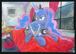 Size: 2000x1423 | Tagged: safe, artist:trance-wave, princess luna, alicorn, pony, g4, bed, bouquet of flowers, flower, hoof shoes, indoors, solo, traditional art, window