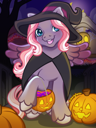 Size: 1800x2400 | Tagged: safe, artist:sparkytopia, starsong, pegasus, pony, g3, blue eyes, cape, clothes, colored wings, costume, gradient wings, halloween, halloween costume, hat, heart, heart eyes, holiday, jack-o-lantern, looking at you, open mouth, open smile, pink mane, pumpkin, purple coat, signature, smiling, solo, trick or treat, unshorn fetlocks, wingding eyes, wings, witch costume, witch hat