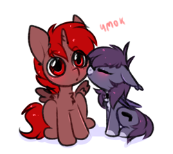 Size: 1438x1278 | Tagged: safe, artist:pesty_skillengton, oc, oc only, oc:hardy, oc:pestyskillengton, alicorn, pony, :o, blushing, chibi, colored sketch, duo, eyes closed, female, full body, kissing, male, mare, open mouth, simple background, sitting, sketch, spread wings, stallion, straight, white background, wings