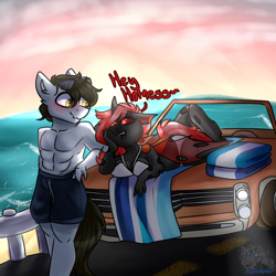 Size: 1280x1280 | Tagged: safe, artist:fluffyghost, oc, oc:linix, oc:wrench, changeling, earth pony, anthro, car, female, male, mare, outdoors, red changeling, stallion, straight