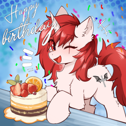 Size: 2048x2048 | Tagged: safe, artist:gale spark, oc, oc only, oc:shadow bright, undead, unicorn, vampire, cake, chest fluff, female, food, horn, mare, solo, strawberry