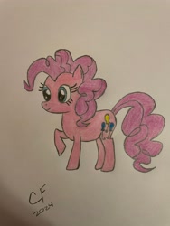 Size: 3024x4032 | Tagged: safe, artist:celestialflare, derpibooru exclusive, pinkie pie, earth pony, pony, g4, female, mare, raised hoof, signature, simple background, smiling, solo, traditional art, white background