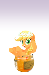 Size: 1611x2469 | Tagged: safe, artist:gashiboka, applejack, earth pony, pony, g4, alternate hairstyle, apple jam, cute, female, floral head wreath, flower, food, gradient background, jam, lock screen, lockscreen, looking at you, mare, simple background, sitting, solo, underhoof, white background