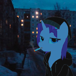 Size: 1024x1024 | Tagged: safe, artist:popusk, derpibooru exclusive, starlight glimmer, pony, unicorn, g4, beanie, cigarette, clothes, doomer, female, hat, hoodie, horn, looking at you, mare, meme, outdoors, ponified meme, russia, smoke, smoking, snow, solo, tired