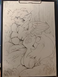 Size: 3060x4080 | Tagged: safe, artist:gale spark, oc, oc only, oc:leaf blade, pegasus, bracelet, chest fluff, ear fluff, frog (hoof), hoofbutt, jewelry, looking at you, looking back, looking back at you, male, one eye closed, pencil drawing, solo, stallion, traditional art, underhoof, wings, wink