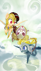 Size: 965x1667 | Tagged: safe, artist:gashiboka, oc, oc only, pegasus, pony, deviantart watermark, duo, everfree tarot, flying, major arcana, obtrusive watermark, outdoors, tarot, tarot card, the chariot, watermark