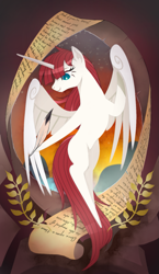 Size: 965x1667 | Tagged: safe, artist:gashiboka, oc, oc only, oc:fausticorn, alicorn, pony, friendship is magic, g4, alicorn oc, belly, concave belly, english, everfree tarot, female, hoof hold, horn, long horn, major arcana, mare, missing cutie mark, quill, script, scroll, solo, stylized, tarot, tarot card, the world, wings