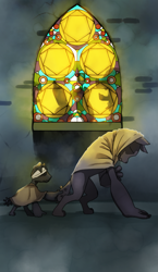 Size: 965x1667 | Tagged: safe, artist:gashiboka, diamond dog, coin, everfree tarot, five of coins, five of diamonds, minor arcana, stained glass, tarot card, watermark