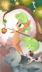 Size: 965x1667 | Tagged: safe, artist:gashiboka, oc, oc only, dog, earth pony, pony, apple, everfree tarot, food, major arcana, outdoors, tarot, tarot card, the fool, walking stick, watermark