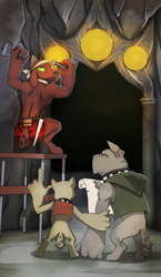 Size: 965x1667 | Tagged: safe, artist:gashiboka, rover, oc, diamond dog, pony, g4, archway, chisel, collar, diamond dog oc, everfree tarot, hammer, minor arcana, scaffold, three of coins, three of diamonds, translated in the comments, watermark