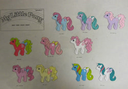 Size: 1600x1115 | Tagged: safe, baby cuddles, baby gusty, baby half note, baby heart throb, baby lickety-split, baby lofty, baby ribbon, baby shady, baby sundance, baby tiddley-winks, earth pony, pegasus, pony, unicorn, g1, official, bow, character lineup, female, filly, foal, horn, my little pony logo, reference sheet, spread wings, tail, tail bow, traditional art, wings