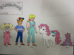 Size: 1600x1200 | Tagged: safe, danny williams, megan williams, molly williams, spike (g1), truly, dragon, human, g1, official, baseball cap, bow, cap, character lineup, clothes, female, hand on hip, hat, looking up, male, mare, my little pony logo, open mouth, open smile, overalls, pants, reference sheet, shirt, shoes, smiling, tail, tail bow, traditional art