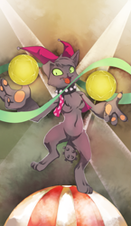 Size: 965x1667 | Tagged: safe, artist:gashiboka, oc, oc only, diamond dog, ball, clothes, everfree tarot, featureless crotch, female, female diamond dog, hat, jester hat, juggling, minor arcana, paw pads, paws, solo, tarot, tarot card, two of coins, two of diamonds, vest