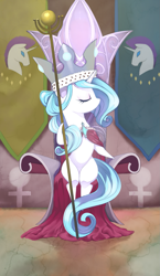 Size: 965x1667 | Tagged: safe, artist:gashiboka, princess platinum, pony, unicorn, g4, crown, everfree tarot, female, horn, jewelry, major arcana, mare, regalia, solo, staff, tarot, tarot card, the empress, throne, watermark