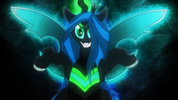 Size: 3840x2160 | Tagged: safe, artist:game-beatx14, queen chrysalis, changeling, changeling queen, g4, 4k, fangs, female, glowing, glowing eyes, glowing horn, glowing wings, high res, horn, looking at you, sharp teeth, solo, song art, song cover, spread wings, teeth, wings