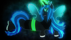 Size: 3840x2160 | Tagged: safe, artist:game-beatx14, queen chrysalis, changeling, changeling queen, g4, 4k, fangs, female, glowing, glowing eyes, glowing horn, glowing wings, high res, horn, looking at you, lying down, prone, sharp teeth, solo, song art, song cover, spread wings, sultry pose, teeth, wings