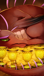 Size: 965x1667 | Tagged: safe, artist:gashiboka, dragon, cup, dragon hoard, everfree tarot, four of cups, four of hearts, hoard, minor arcana, tarot, tarot card, treasure