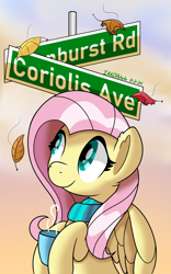 Size: 1500x2400 | Tagged: safe, artist:notadeliciouspotato, fluttershy, pegasus, pony, g4, autumn, clothes, cloud, cute, female, hoof hold, leaves, looking up, mare, mug, scarf, shyabetes, signature, smiling, solo, street sign