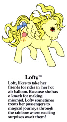 Size: 550x1000 | Tagged: safe, lofty, pegasus, pony, g1, my little pony fact file, official, bow, cute, female, flying, g1 backstory, lofty can fly, loftybetes, mare, smiling, solo, tail, tail bow