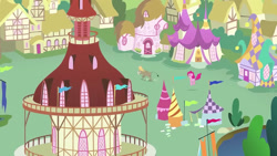 Size: 1280x720 | Tagged: safe, screencap, cranky doodle donkey, pinkie pie, donkey, earth pony, pony, a friend in deed, g4, my little pony: friendship is magic, season 2, duo, duo male and female, female, male, outdoors, ponyville, ponyville town hall