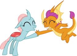 Size: 4090x3000 | Tagged: safe, artist:cloudy glow, ocellus, smolder, changedling, changeling, dragon, a matter of principals, g4, my little pony: friendship is magic, ^^, dragoness, duo, duo female, eyes closed, female, high five, simple background, transparent background, vector