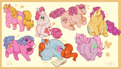 Size: 3280x1874 | Tagged: safe, artist:huitunkuutti, artist:kuuttituutti, bon bon (g1), bright eyes, clover (g1), melody, patch (g1), spot the frog, starlight (g1), sweetheart, earth pony, pony, g1, my little pony tales, 7 pony friends, blushing, book, cassette player, emanata, eyes closed, fat, female, frown, headphones, hug, lying down, nervous, one eye closed, open mouth, open smile, plewds, prone, raised hoof, raised leg, reading, signature, sitting, smiling, tail, wink