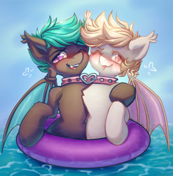 Size: 3508x3553 | Tagged: safe, artist:chaosangeldesu, oc, oc only, oc:white mouse, bat pony, pony, bat pony oc, bat wings, belly, collar, cute, human shoulders, inner tube, ocean, outdoors, pool toy, tongue out, water, wide hips, wings