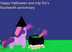 Size: 662x476 | Tagged: safe, artist:miky94c, derpibooru exclusive, twilight sparkle, pony, unicorn, mlp fim's fourteenth anniversary, g4, 1000 hours in ms paint, bubble, cauldron, clothes, costume, halloween, halloween 2024, halloween costume, hat, holiday, horn, paint 3d, skull, unicorn twilight, witch hat