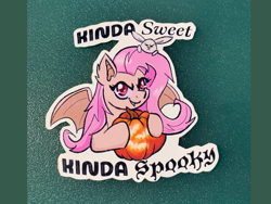 Size: 2700x2025 | Tagged: safe, artist:flutterpawss, angel bunny, fluttershy, bat pony, pony, rabbit, g4, animal, bat ponified, cute, cute little fangs, duo, fangs, female, flutterbat, halloween, holiday, jack-o-lantern, looking at you, male, mare, pumpkin, race swap, smiling, spread wings, sticker, wings