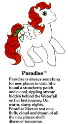 Size: 550x1000 | Tagged: safe, paradise, pegasus, pony, g1, my little pony fact file, official, bow, cute, female, flying, g1 backstory, mare, paradawwse, paradise can fly, smiling, solo, tail, tail bow