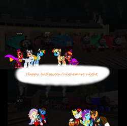 Size: 4179x4168 | Tagged: safe, artist:rudeboyz12, fluttershy, misty brightdawn, sunny starscout, oc, oc:blue thunder, oc:ej, oc:mickey motion, oc:minnie motion, oc:royal strength, oc:shield wing, g4, g5, 1000 years in photoshop, clothes, costume, female, halloween, holiday, nightmare night