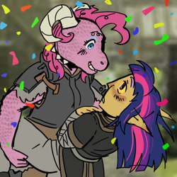 Size: 894x894 | Tagged: safe, artist:0liiver, pinkie pie, twilight sparkle, altmer, argonian, elf, high elf, anthro, g4, armor, confetti, female, horns, lesbian, ship:twinkie, shipping, skyrim, species swap, the elder scrolls