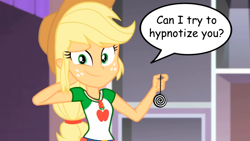 Size: 1919x1079 | Tagged: safe, artist:paco777yuyu, applejack, human, equestria girls, g4, arm behind head, dialogue, female, geode of super strength, hypnosis, indoors, magical geodes, question, speech bubble