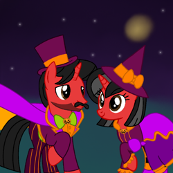 Size: 800x800 | Tagged: safe, artist:noi kincade, oc, oc only, oc:mickey motion, oc:minnie motion, g4, clothes, costume, dress, duo, duo male and female, female, hat, magician, magician outfit, male, nightmare night, nightmare night costume, outdoors, witch, witch hat