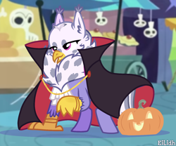 Size: 1200x1000 | Tagged: safe, artist:eilidh-draw, oc, oc only, oc:gerbera, hippogriff, undead, vampire, cape, chest fluff, clothes, fangs, female, halloween, hippogriff oc, holiday, jack-o-lantern, market, nightmare night, pumpkin, skull, solo