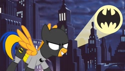 Size: 1200x675 | Tagged: safe, artist:mlpfan3991, oc, oc only, oc:flare spark, pegasus, g4, bat signal, batman, batmare, city, clothes, costume, dc comics, female, gotham city, night, outdoors, pegasus oc, solo, superhero