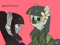 Size: 4096x3072 | Tagged: safe, artist:metaruscarlet, oc, oc only, oc:ohasu, oc:sawa (ice1517), earth pony, pony, clothes, earth pony oc, flower, flower in hair, kimono (clothing), looking at each other, looking at someone, open mouth, red background, ribbon, simple background, spotted, surprised, torn ear