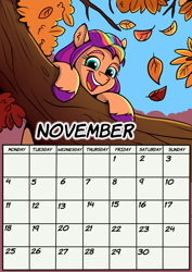 Size: 1654x2339 | Tagged: safe, artist:rutkotka, sunny starscout, earth pony, pony, g5, autumn, calendar, cel shading, colored, cute, day, english, eyebrows, eyelashes, female, in a tree, leaves, looking at you, looking down, looking down at you, mane stripe sunny, mare, november, open mouth, open smile, outdoors, shading, smiling, solo, sunnybetes, teeth, tree