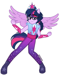 Size: 2827x3535 | Tagged: safe, artist:leokreuz, sci-twi, twilight sparkle, human, equestria girls, equestria girls specials, g4, my little pony equestria girls: forgotten friendship, boots, clothes, cutie mark on clothes, dusk shine, equestria guys, glasses, i can't believe it's not orin331, jewelry, male, pants, ponied up, regalia, rule 63, sci-dusk, shoes, simple background, solo, super ponied up, tank top, transparent background, wings