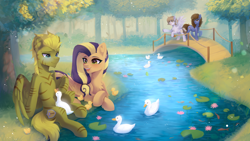 Size: 3840x2160 | Tagged: safe, artist:anku, oc, oc only, bird, duck, earth pony, fish, pegasus, pony, bridge, earth pony oc, lilypad, outdoors, pegasus oc, tree, water