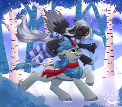 Size: 1000x875 | Tagged: safe, artist:decemberbreeze, oc, oc only, kirin, pegasus, pony, clothes, duo, forest, kirin oc, nature, outdoors, pegasus oc, scarf, snow, snowfall, socks, striped scarf, striped socks, tree