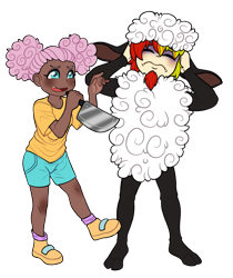 Size: 1797x2138 | Tagged: safe, artist:malinraf1615, fluttershy, oc, oc:lucky charm, human, sheep, g4, afro puffs, alternate hairstyle, amanda the adventurer, butcher knife, canon x oc, clothes, commission, cosplay, costume, dark skin, duo, duo male and female, eyes closed, facial hair, female, flucky, goatee, halloween, halloween costume, holiday, humanized, knife, male, open mouth, scared, shipping, shirt, shoes, shorts, simple background, sneakers, socks, straight, t-shirt, transparent background, wooly (amanda the adventurer)