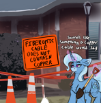 Size: 1508x1524 | Tagged: safe, artist:reddthebat, trixie, pony, unicorn, g4, crack pipe, female, glowing, glowing horn, horn, implied theft, levitation, magic, mare, mouth hold, outdoors, pipe, shovel, sign, solo, telekinesis, traffic cone