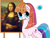 Size: 1080x810 | Tagged: safe, artist:bingjihancheng, artist:leonardo da vinci, toola-roola, earth pony, pony, g3, drawing, female, looking at you, mare, mona lisa, mouth hold, multicolored hair, paintbrush, painting, question mark, simple background, solo, speech bubble, white background