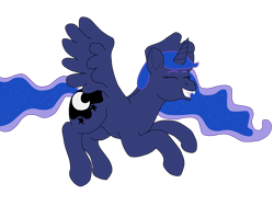 Size: 4000x3000 | Tagged: artist needed, safe, princess luna, alicorn, pony, g4, cute, fangs, female, flying, laughing, lunabetes, redraw, simple background, solo, transparent background