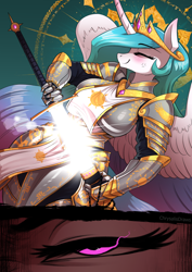 Size: 848x1200 | Tagged: safe, artist:chrysalisdraws, princess celestia, alicorn, anthro, g4, armor, blushing, breasts, cross-popping veins, emanata, eyes closed, fantasy class, knight, lidded eyes, paladin, smiling, solo, sword, unsheathing, warrior, warrior celestia, weapon